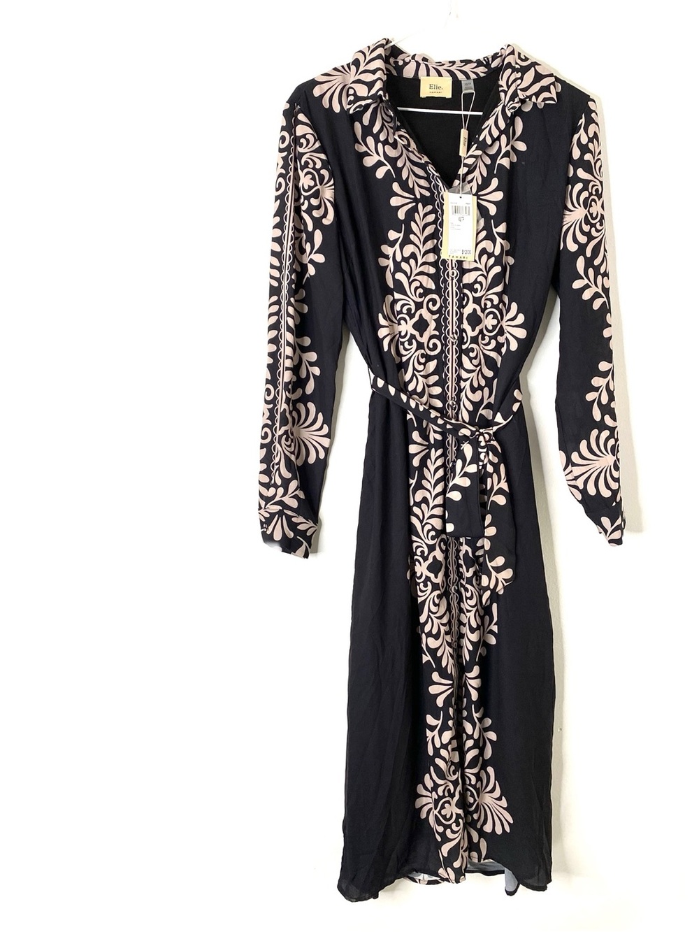Elie Tahari Black Paisley Print Tie Waist Midi Dress Collared Button Front NWT